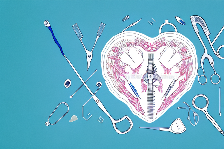 A heart with surgical tools around it