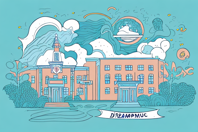 A dreamscape with a school in the background