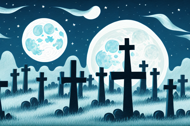 A graveyard with a full moon in the night sky