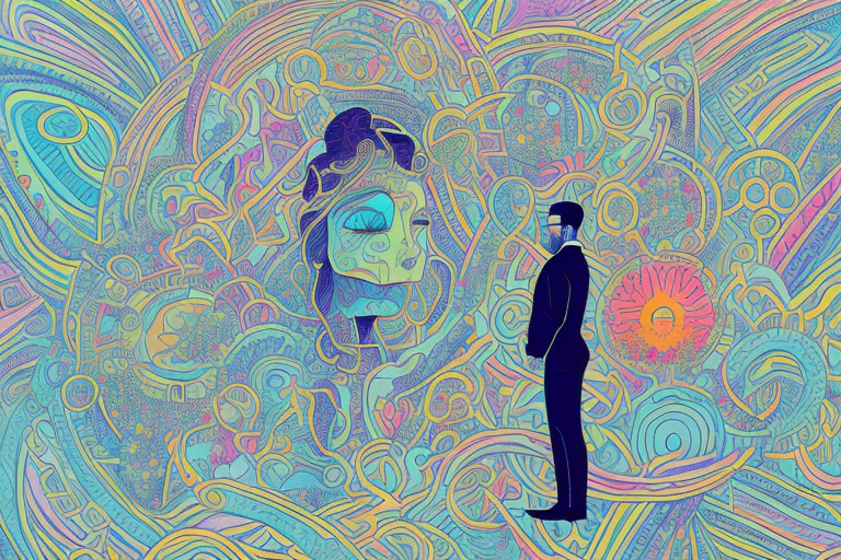 A dreamscape with a figure in the foreground