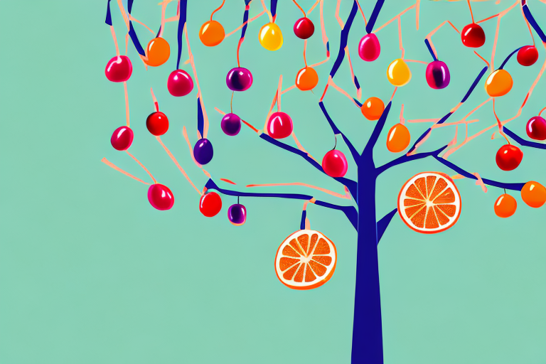 A tree with colorful fruits hanging from its branches