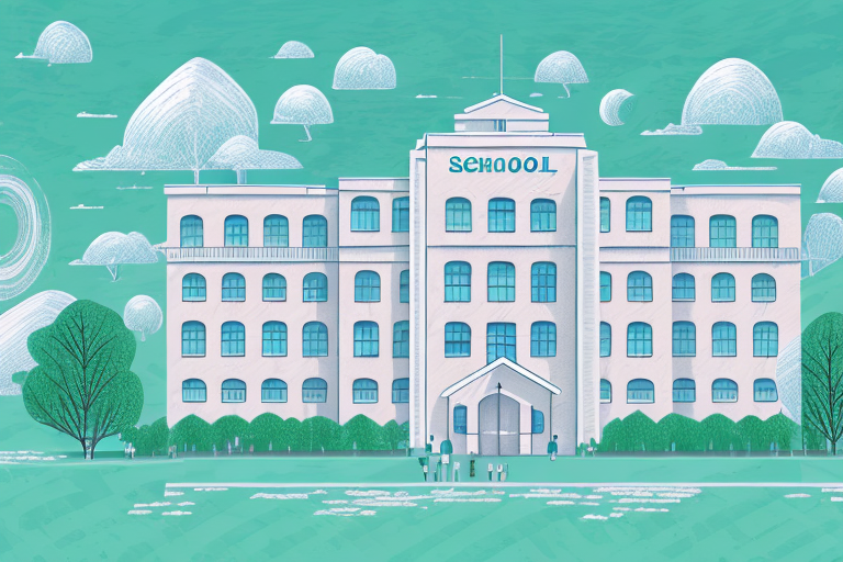 A school building surrounded by a dreamy landscape