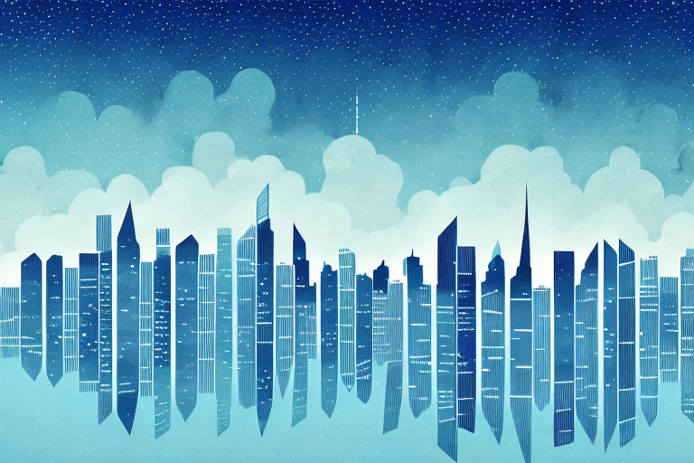 A night sky filled with stars and a city skyline in the background