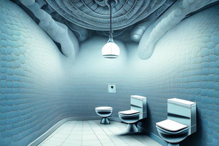 A dream-like public restroom with surreal elements