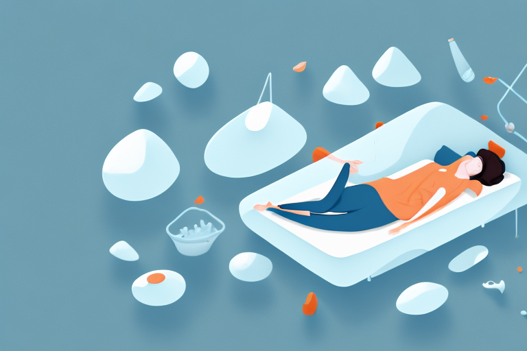 A person sleeping peacefully in a bed surrounded by a dream-like landscape of floating teeth