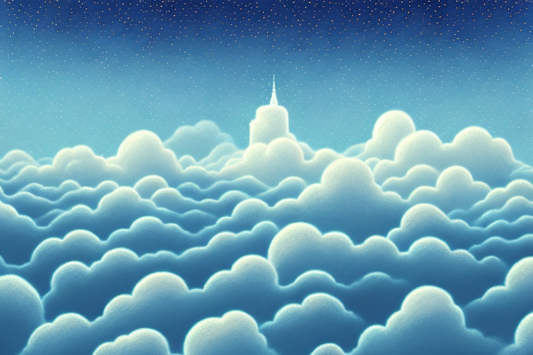 A dream-like landscape with a sky full of stars and a horizon of clouds