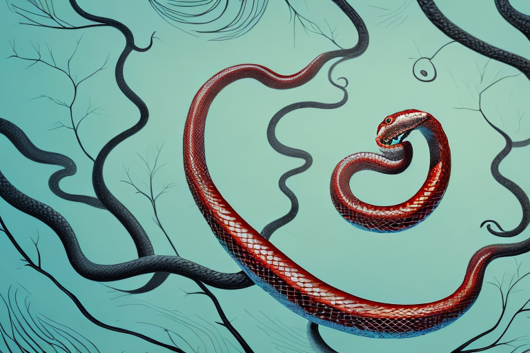 A red snake coiled around a tree branch in a dream-like setting