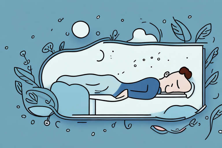 A person sleeping peacefully in a bed surrounded by a dream-like landscape