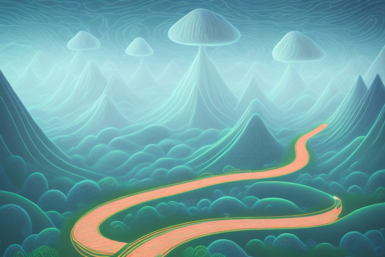 A dream-like landscape with a winding path leading to a mysterious destination