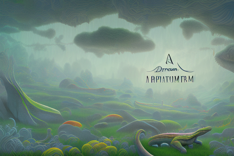 A dream-like landscape populated with various reptiles