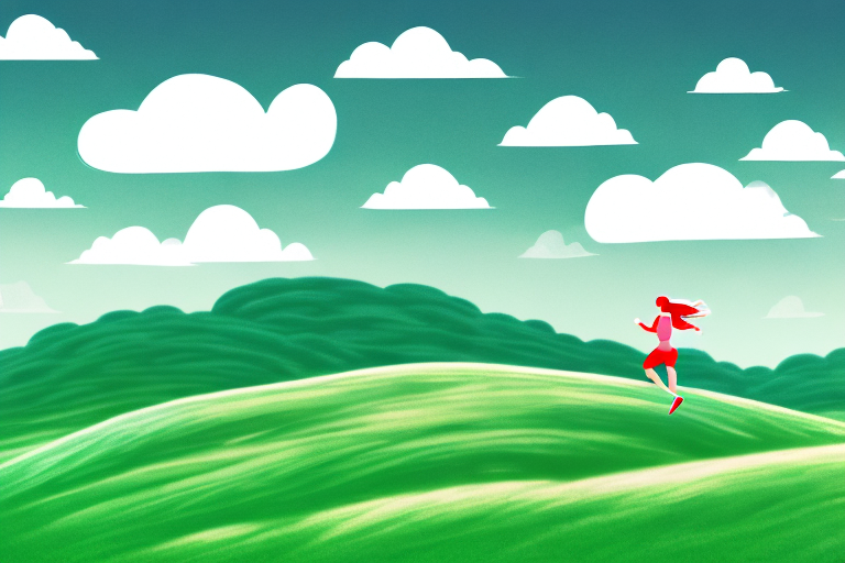 A person running through a landscape of rolling hills and clouds