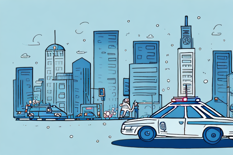 A person running away from a police car in a cityscape