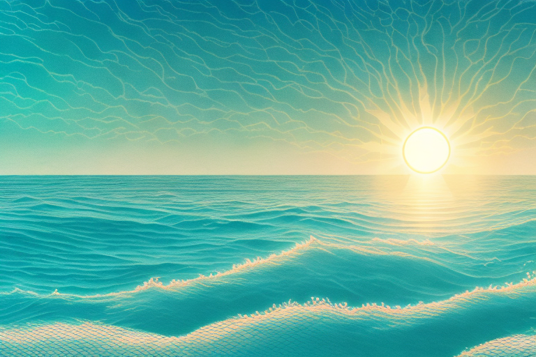 A dreamscape featuring a large body of salt water with a sun setting in the background
