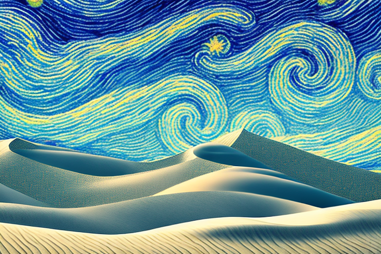 A dream-like landscape with sand dunes and a starry night sky