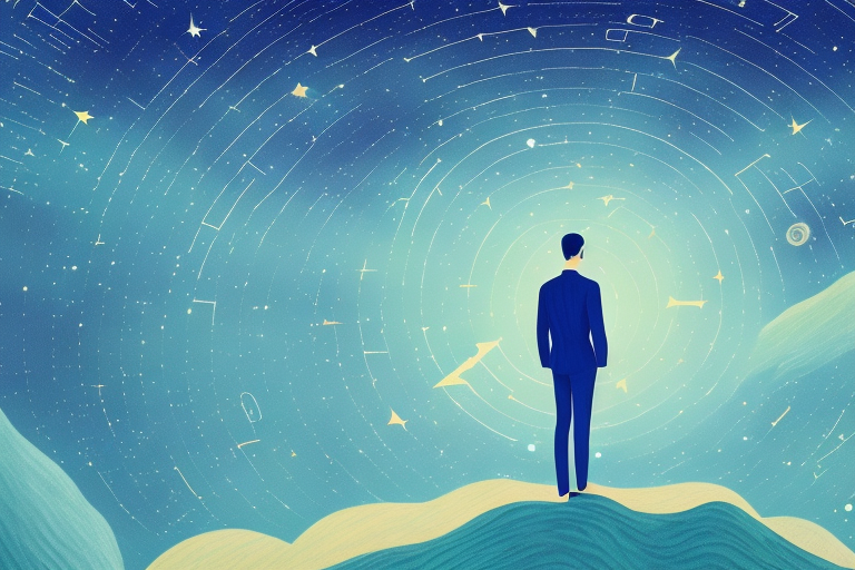 A person standing in a dream-like landscape