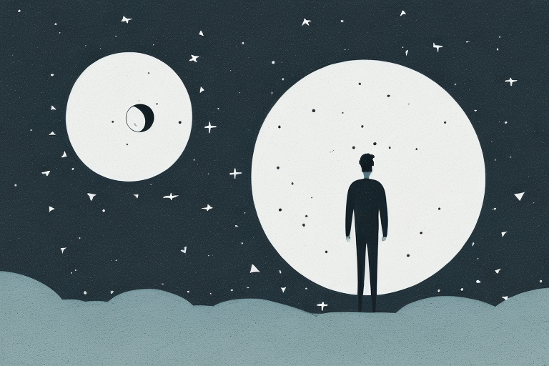 A dark landscape with a moon in the sky and a figure in the foreground