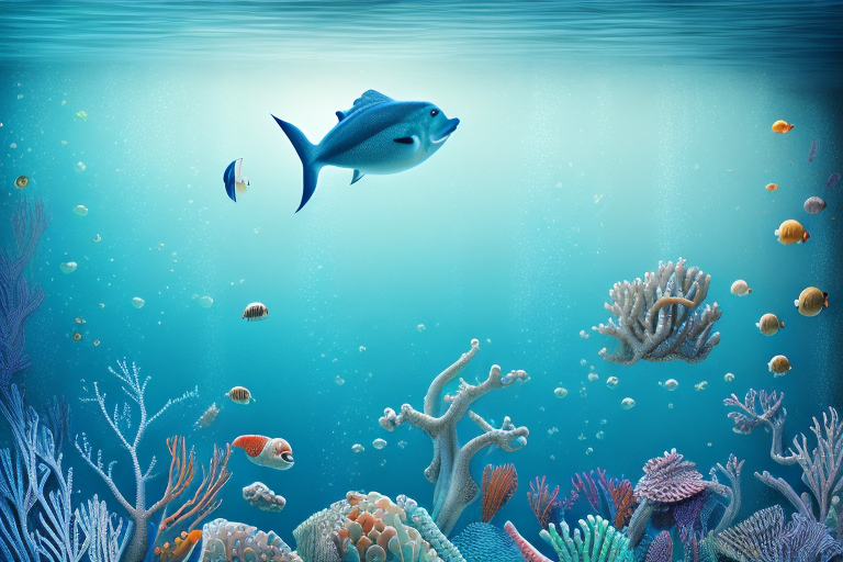A dream-like underwater scene with a variety of sea creatures