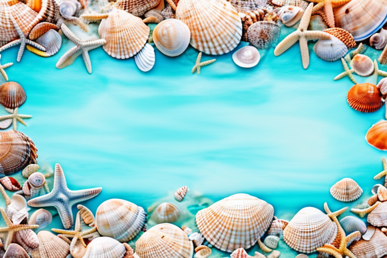 A beach scene with a variety of sea shells scattered around