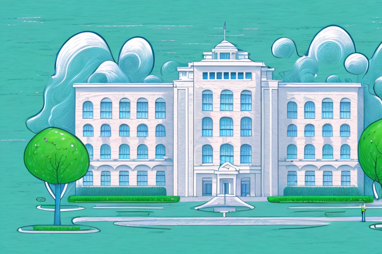 A school building surrounded by a dream-like landscape