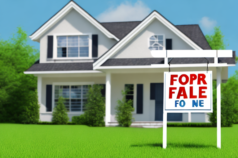A house with a "for sale" sign in front of it