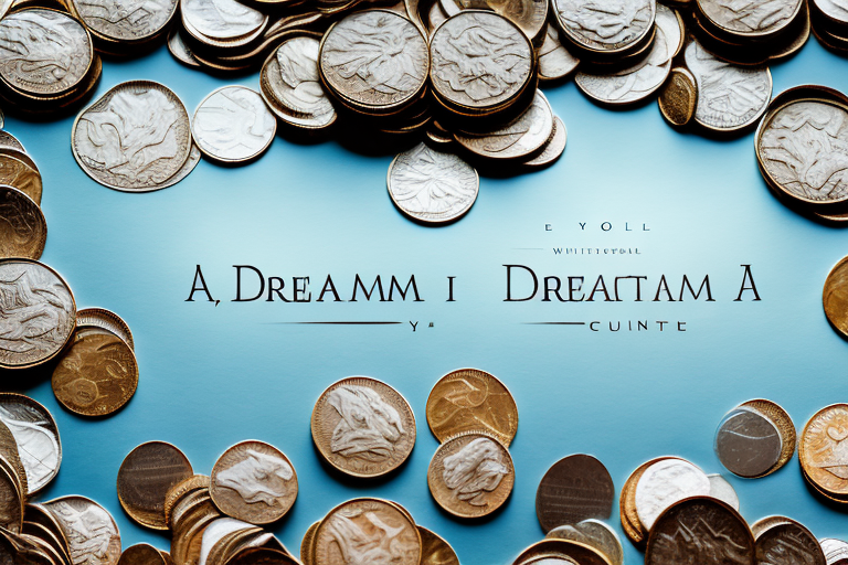 A dream-like landscape with a large pile of coins in the foreground