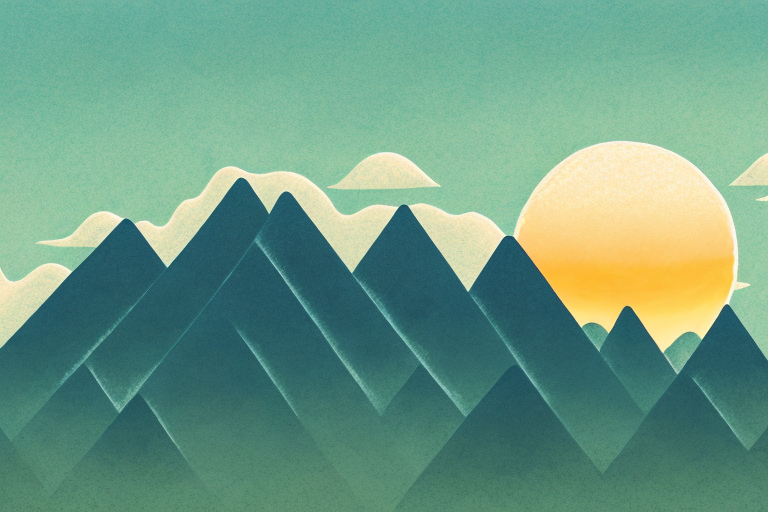 A mountain landscape with a sun setting behind it