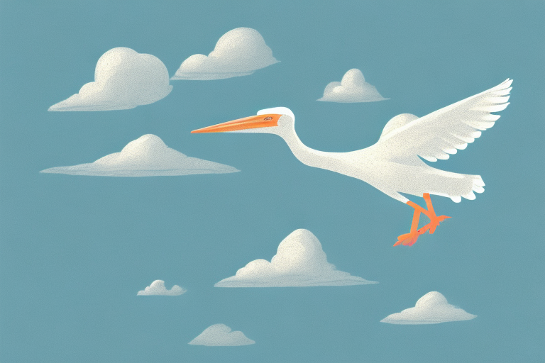 A dreamy landscape with a baby stork flying in the sky