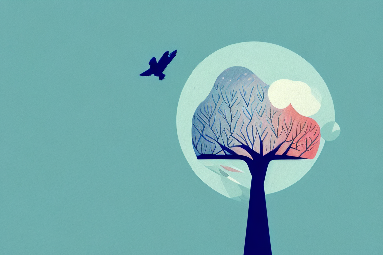 A dream-like landscape featuring a pigeon perched in a tree