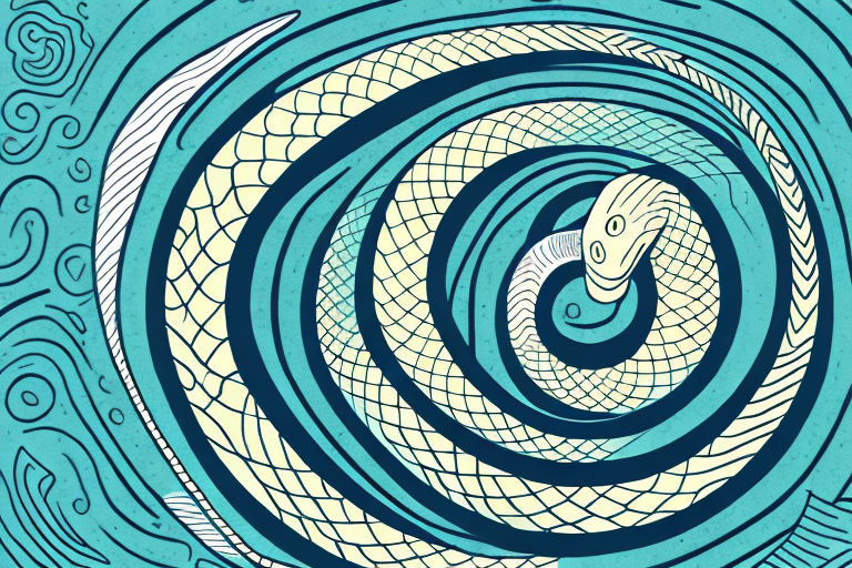 A snake coiled around a crescent moon