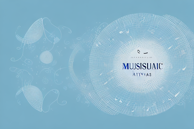 A dreamy landscape with musical notes and instruments floating in the air