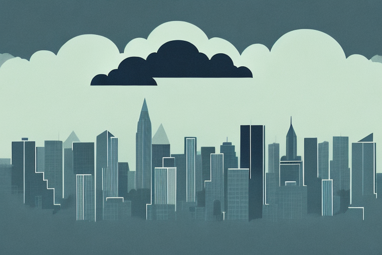 A city skyline with a dark cloud looming overhead