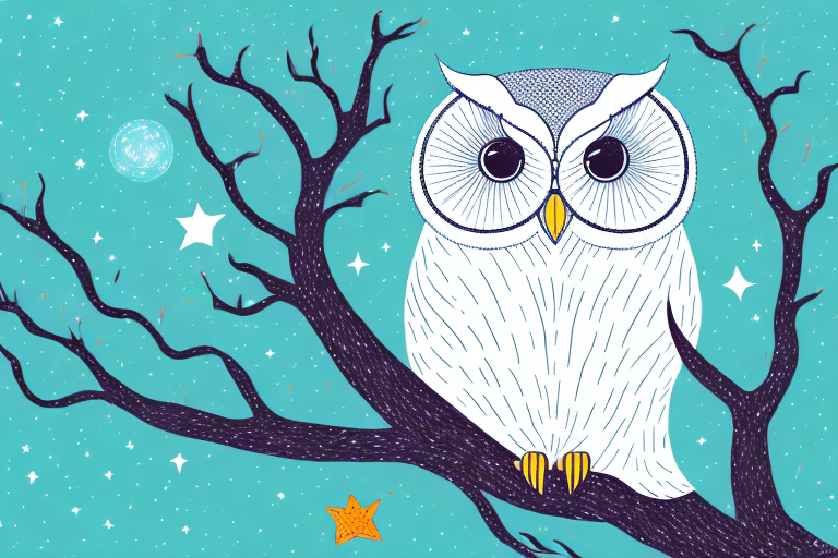 A white owl perched in a tree at night