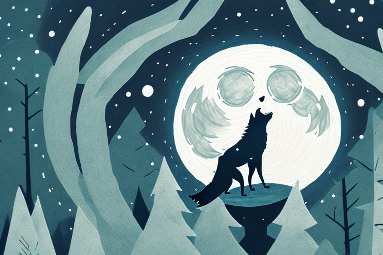 A wolf howling at the moon in a night-time forest setting