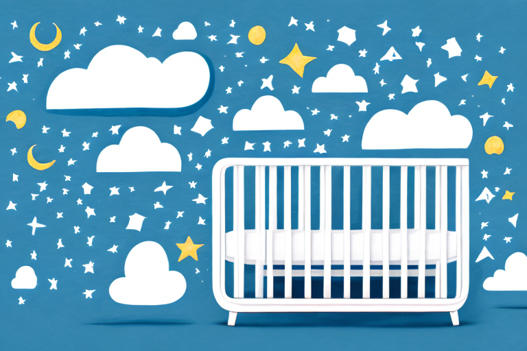 A baby in a crib surrounded by clouds and stars