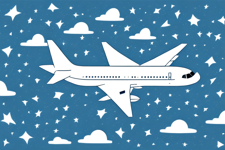 An aeroplane flying through a night sky with stars and clouds