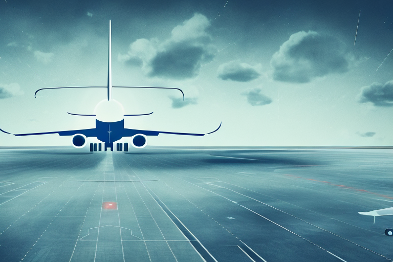 An airport runway with a plane taking off into the night sky