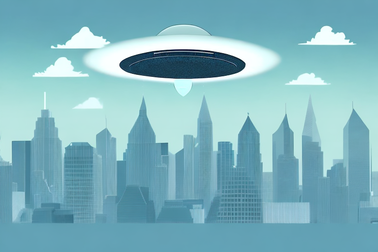 An alien spacecraft hovering above a city skyline
