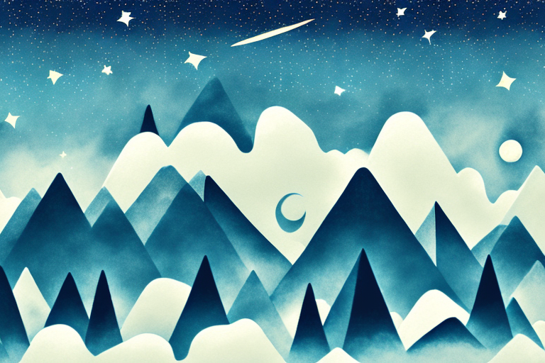 A night sky filled with stars and a dream-like landscape of mountains