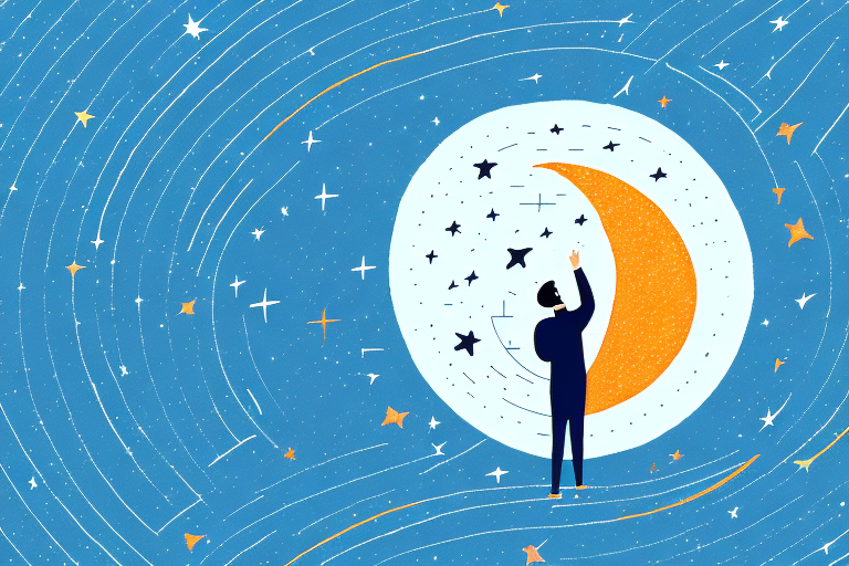 A person looking up at a night sky filled with stars and a crescent moon