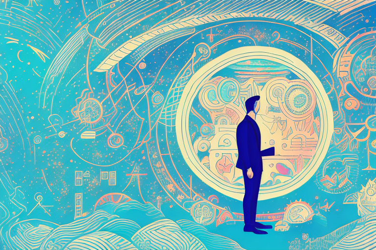 A dreamscape with a figure in the foreground