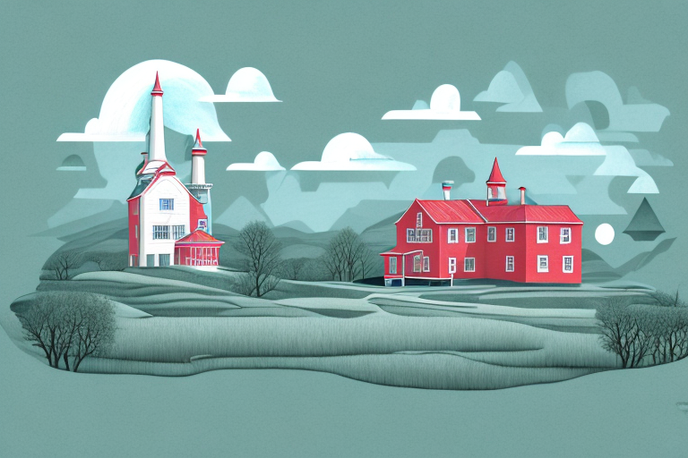 A dream-like landscape with an old-fashioned schoolhouse in the background