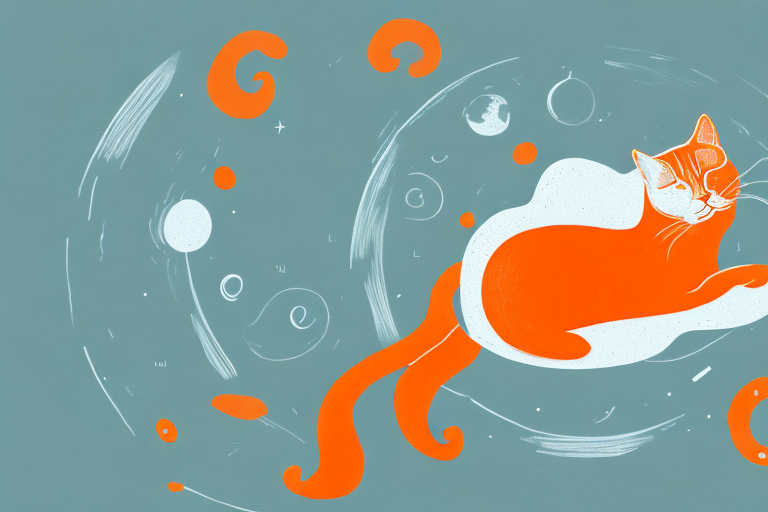 An orange cat sleeping peacefully in a dream-like setting