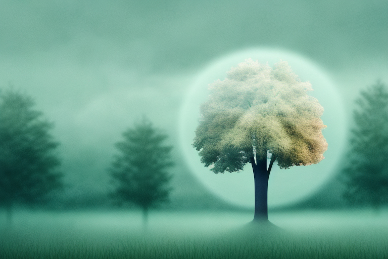 A dreamy landscape with a tree in the foreground