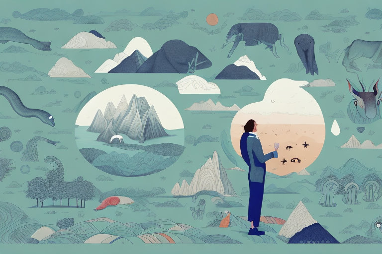 A person dreaming about a variety of animals in a surreal landscape