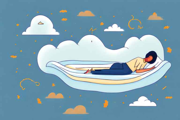 A person sleeping peacefully in a bed surrounded by dream-like clouds