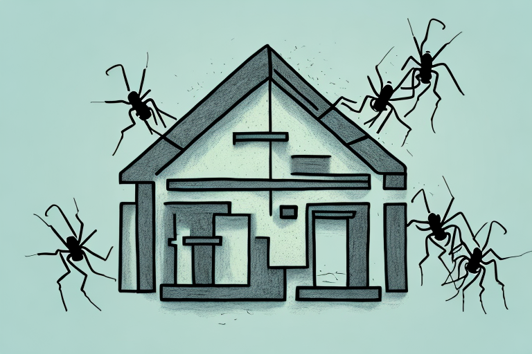 A house with a few ants crawling around it