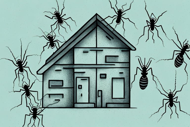 A house with a few ants crawling around it
