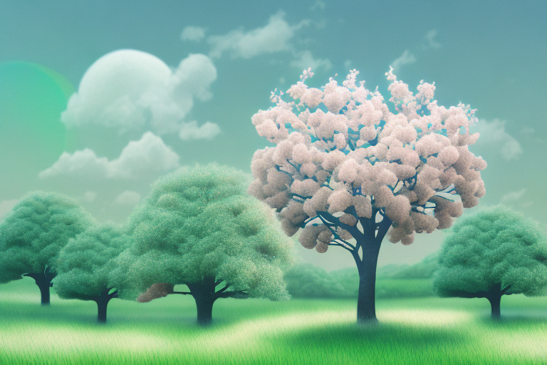 A dreamy landscape with an apple tree in the foreground