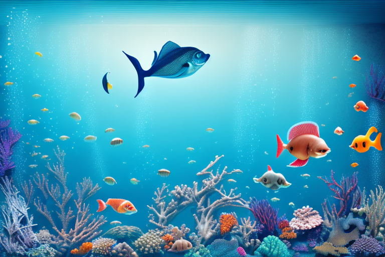 A dream-like underwater scene featuring a variety of fish