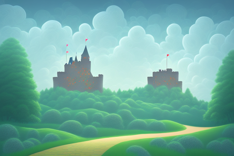 A dreamy landscape with a path leading to a castle in the distance